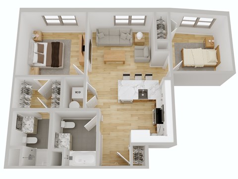 A 3D floor plan of a house with a living room, kitchen, and two bedrooms.